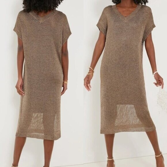 Tuckernuck Bronze Metallic Knit Mesh V Neck Short Sleeve Midi Dress Size M - Picture 2 of 9